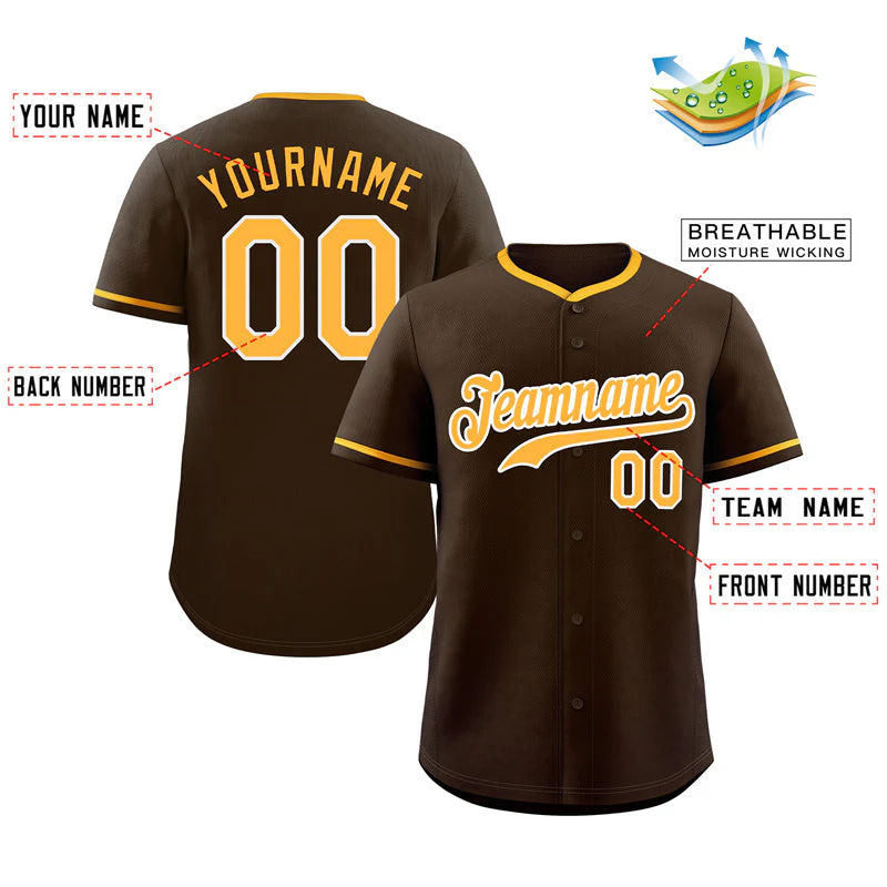 Custom Brown Yellow-White Hook Classic Style Authentic Baseball Jersey - Image 2