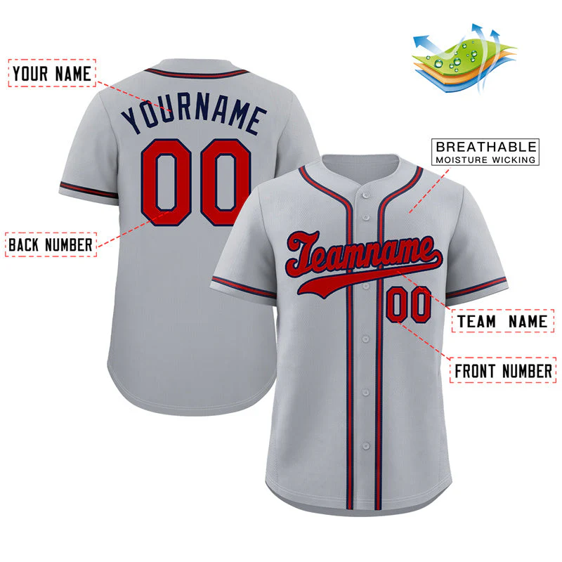 Custom Gray Red-Navy Hook Classic Style Authentic Baseball Jersey - Image 2