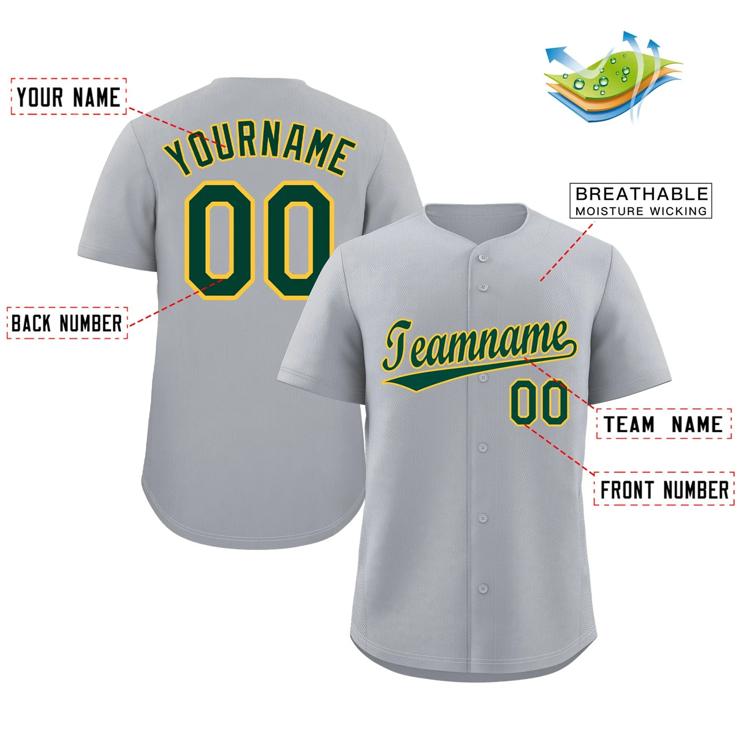 Custom Gray Green-Gold Classic Style Authentic Baseball Jersey - Image 2