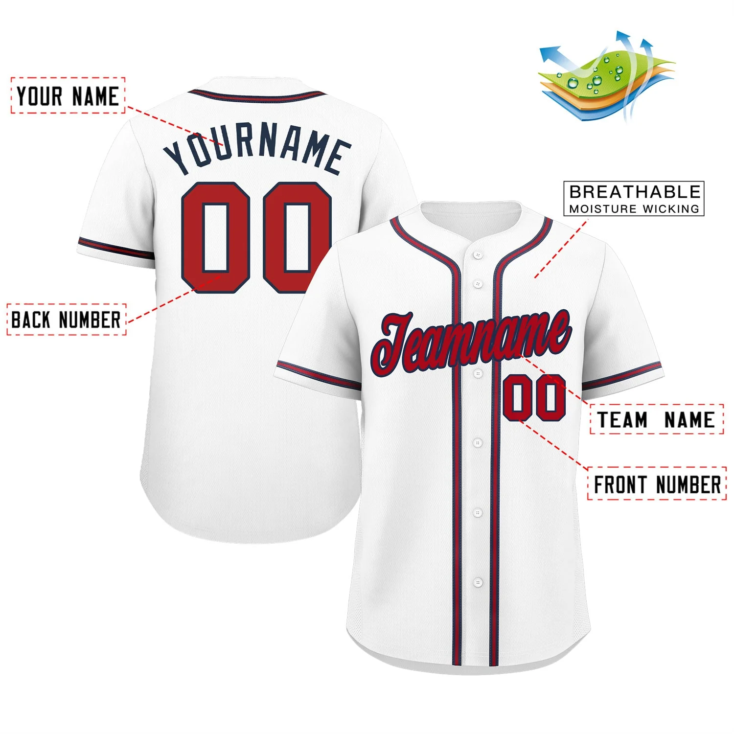 Custom White Red-Navy Classic Style Authentic Baseball Jersey - Image 2
