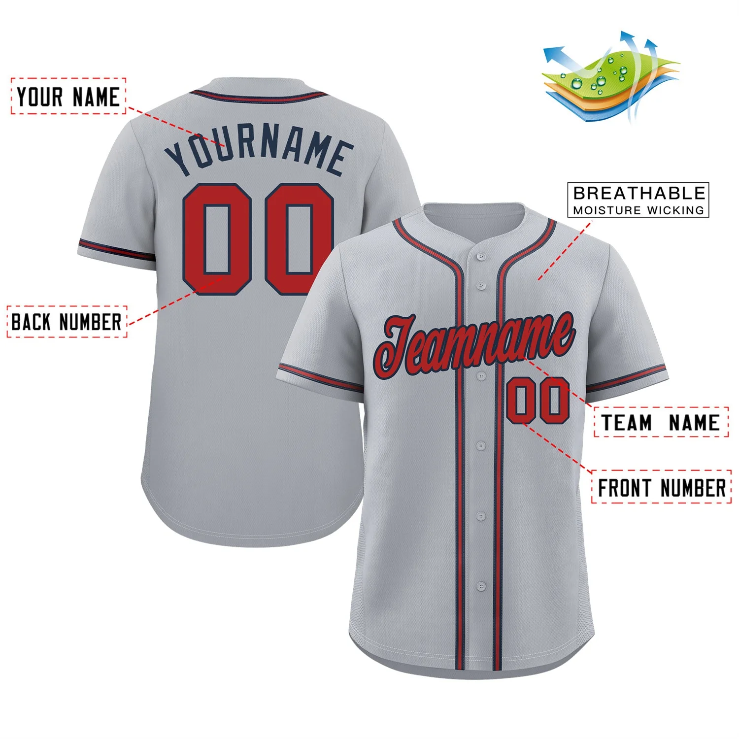 Custom Gray Red-Navy Classic Style Authentic Baseball Jersey - Image 2