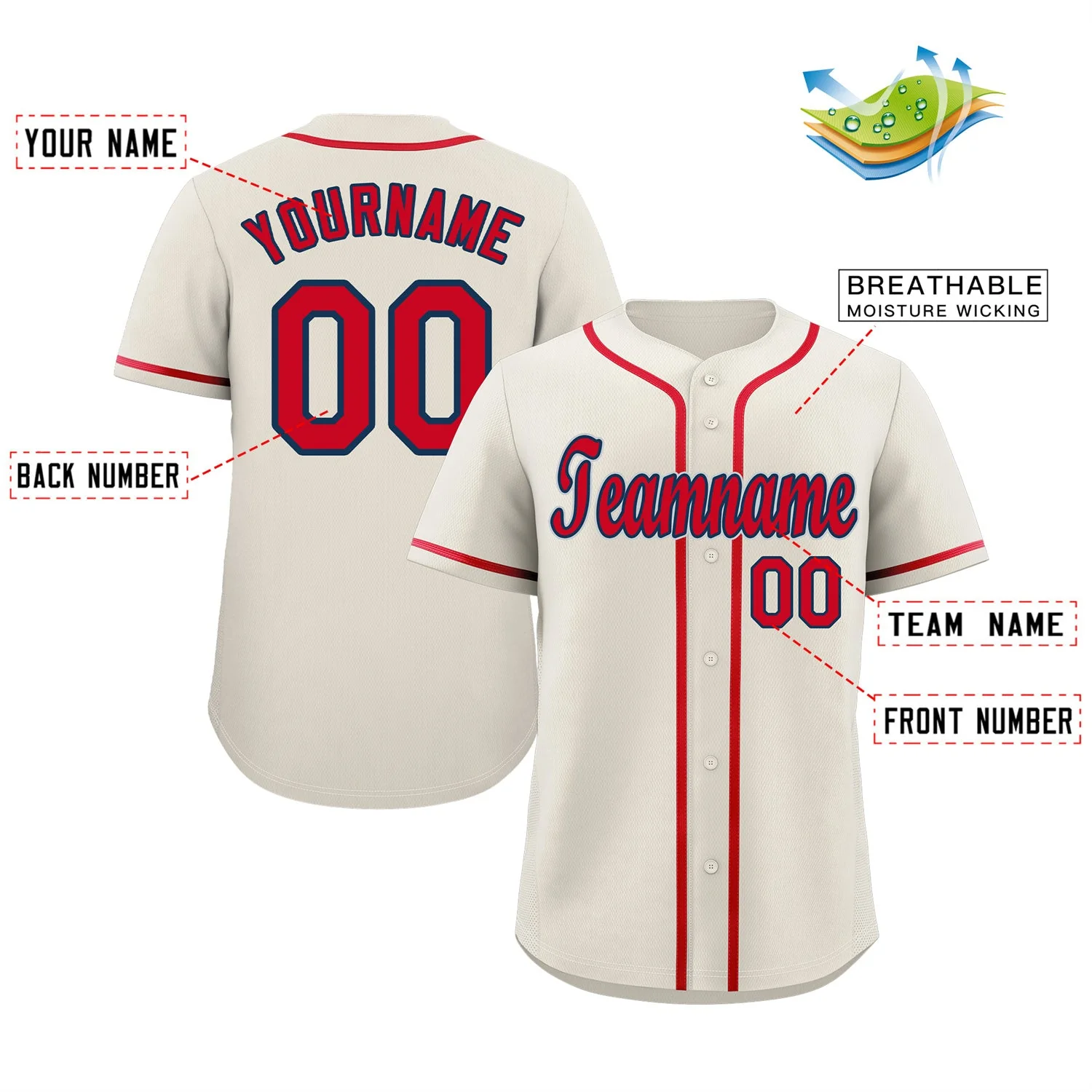 Custom Cream Red-Navy Classic Style Authentic Baseball Jersey - Image 2
