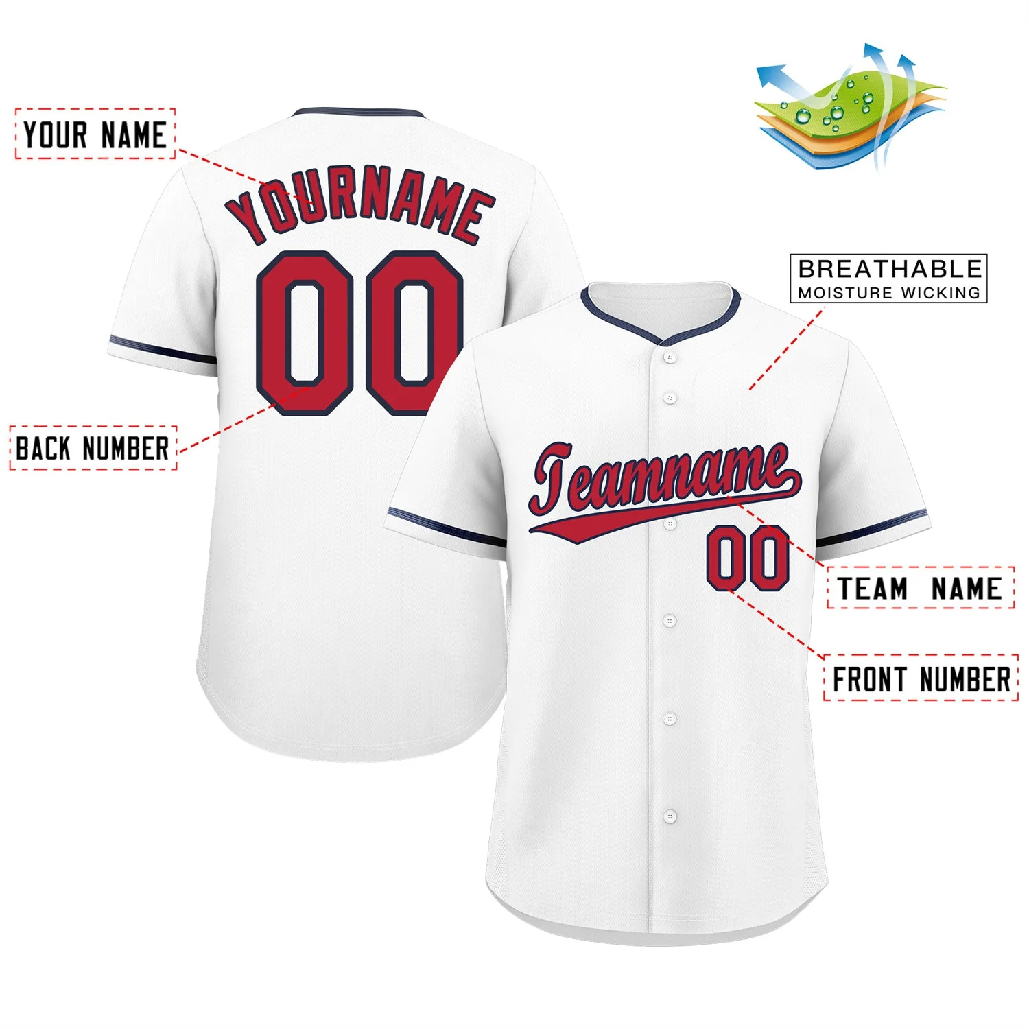 Custom White Red-Navy Classic Style Authentic Baseball Jersey - Image 2