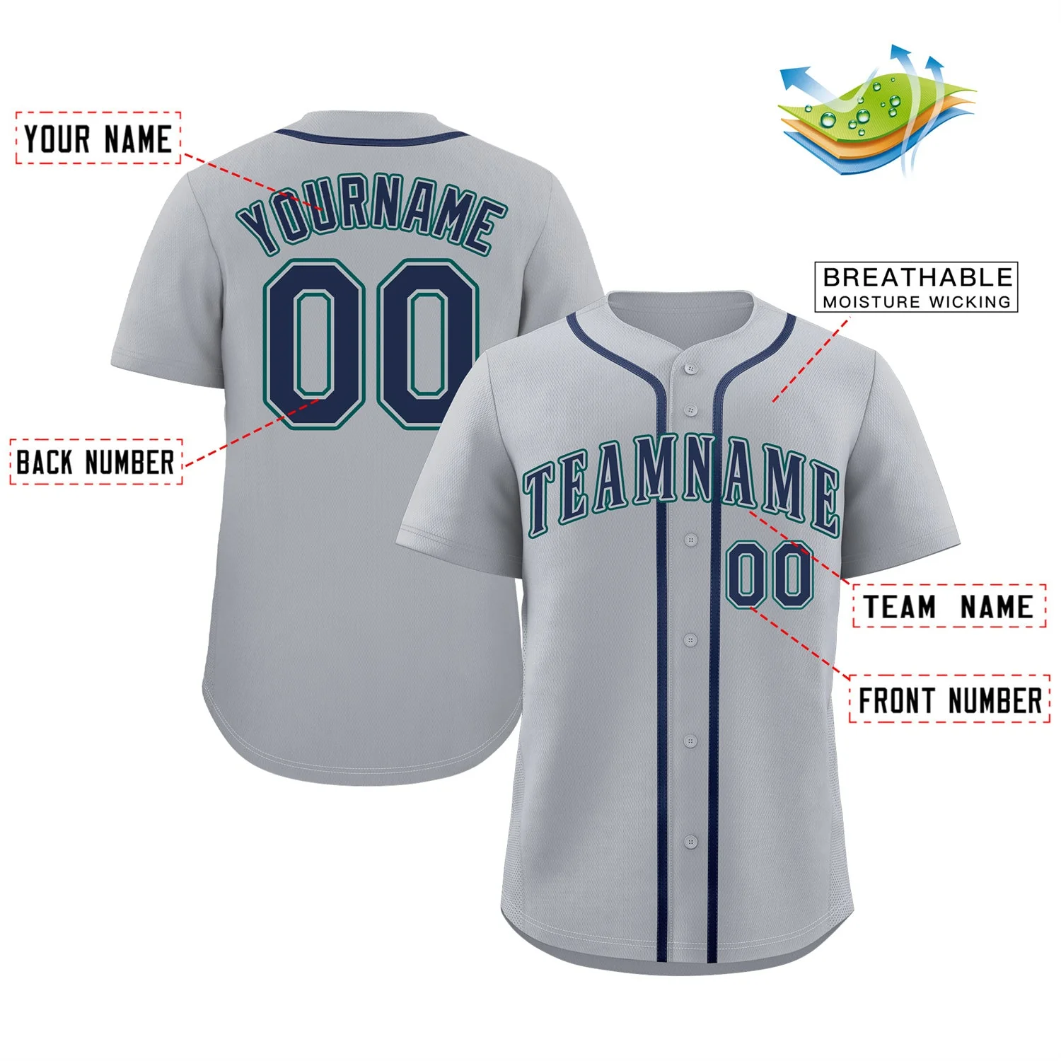 Custom Gray Navy-Aqua Classic Style Authentic Baseball Jersey - Image 2