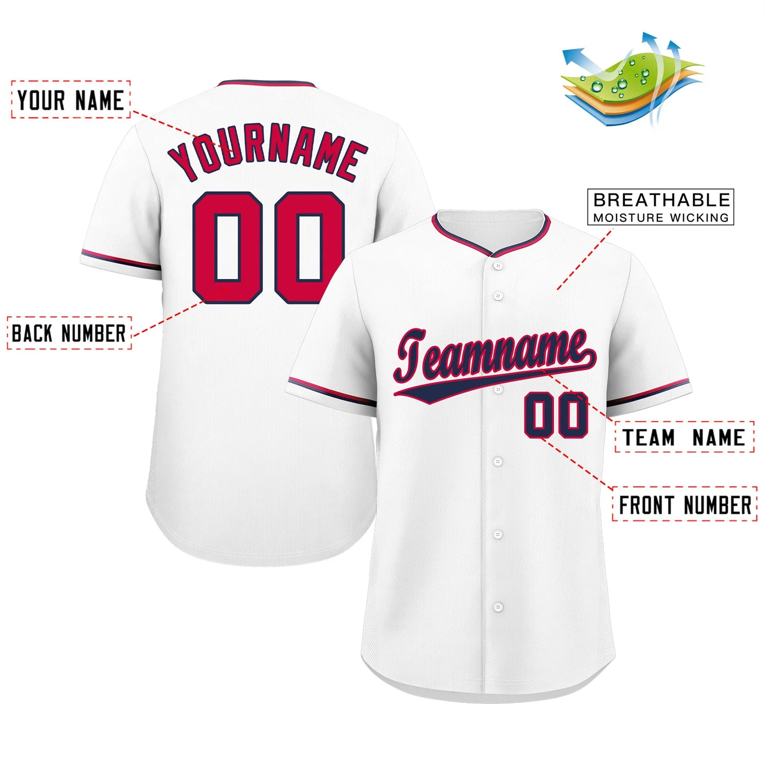 Custom White Navy-Red Hook Classic Style Authentic Baseball Jersey - Image 2