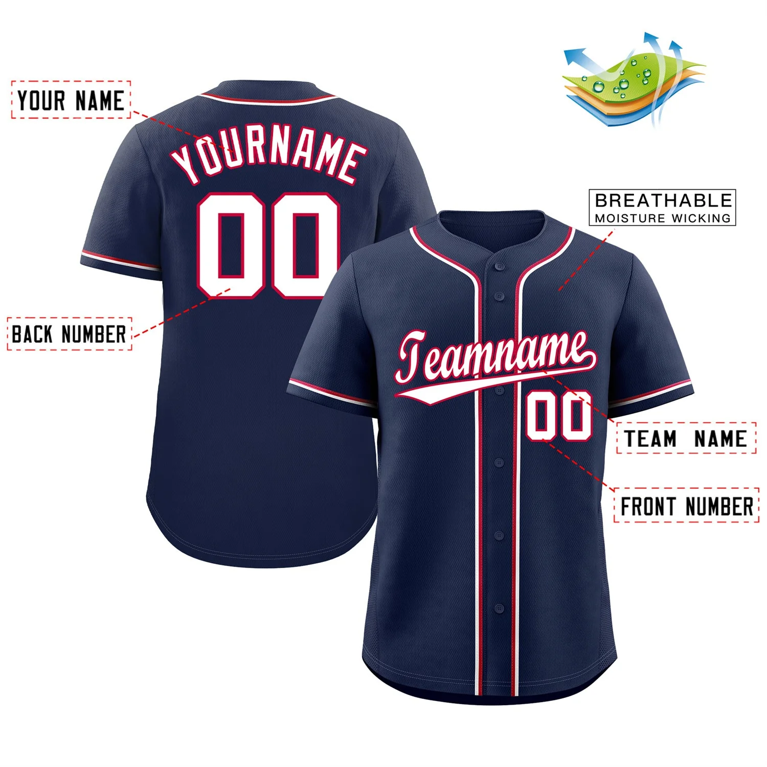 Custom Navy White-Red Hook Classic Style Authentic Baseball Jersey - Image 2