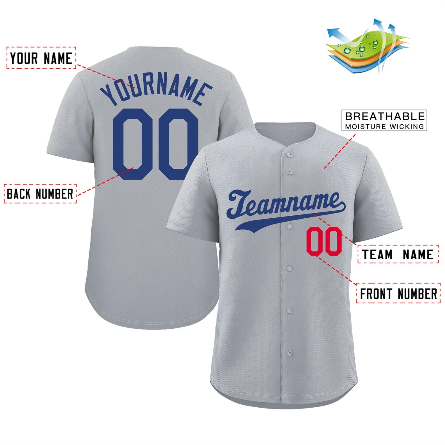 Custom Gray Royal Red Hook Classic Style Authentic Baseball Jersey - Image 2