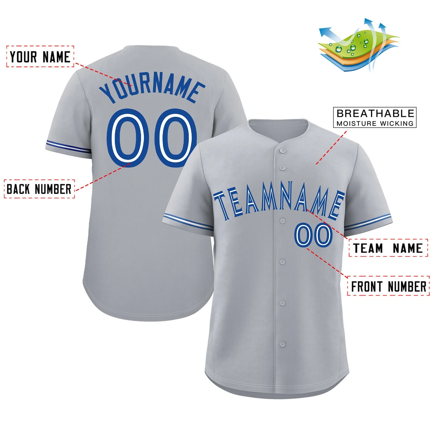 Custom Gray White Royal Bull Classic Style Authentic Baseball Jersey - Image 2