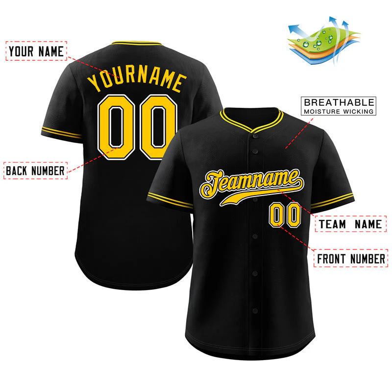 Custom Black Gold-White Hook Classic Style Authentic Baseball Jersey - Image 2