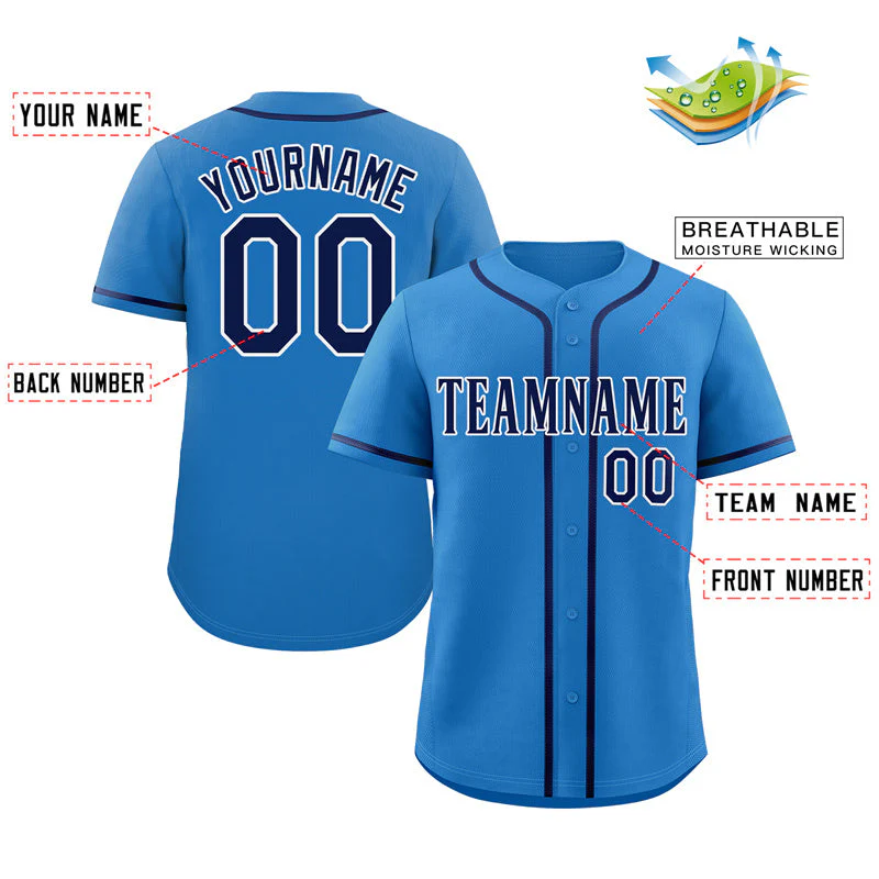 Custom Powder Blue Navy-White Classic Style Authentic Baseball Jersey - Image 2