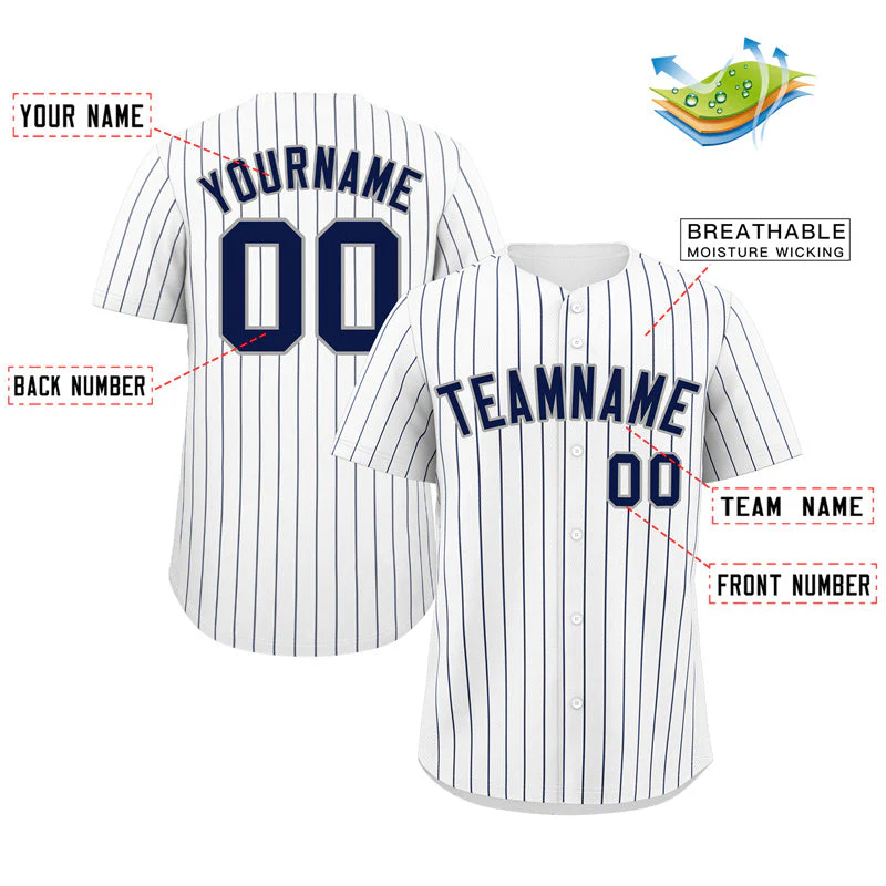 Custom White Navy-Gray Bull Stripe Fashion Authentic Baseball Jersey - Image 2