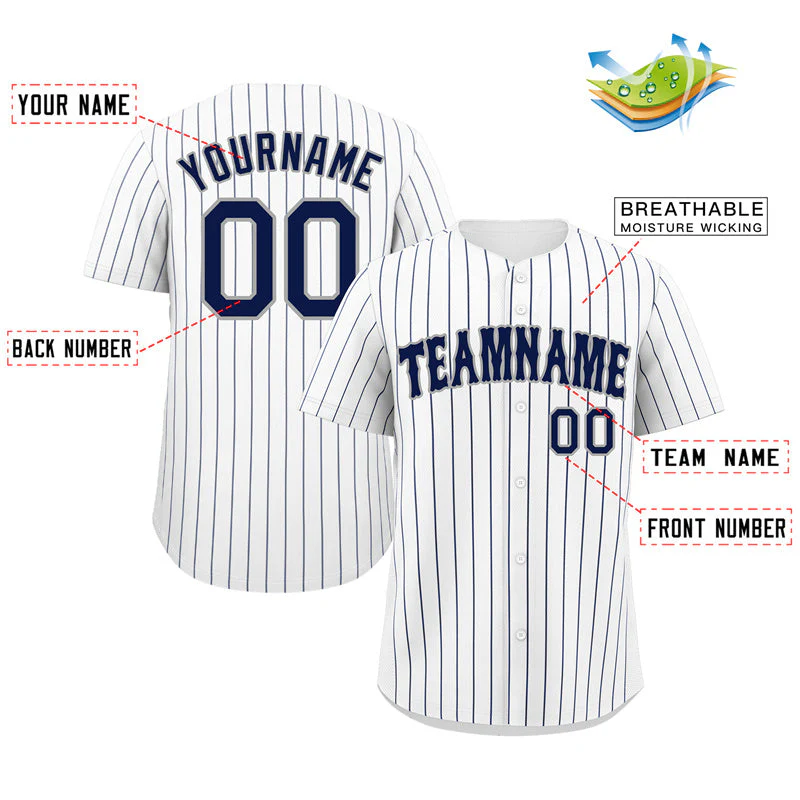 Custom White Navy-Gray Bull Stripe Fashion Authentic Baseball Jersey - Image 2