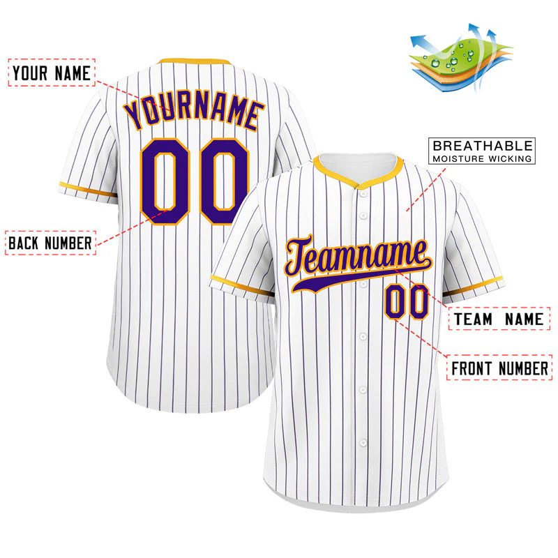 Custom White Purple-Gold Hook Stripe Fashion Authentic Baseball Jersey - Image 2