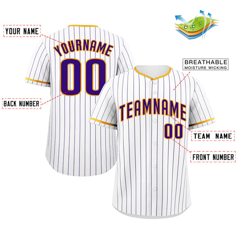 Custom White Purple-Gold Bull Stripe Fashion Authentic Baseball Jersey - Image 2