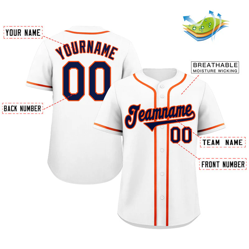 Custom White Navy-Orange Classic Style Authentic Baseball Jersey - Image 2