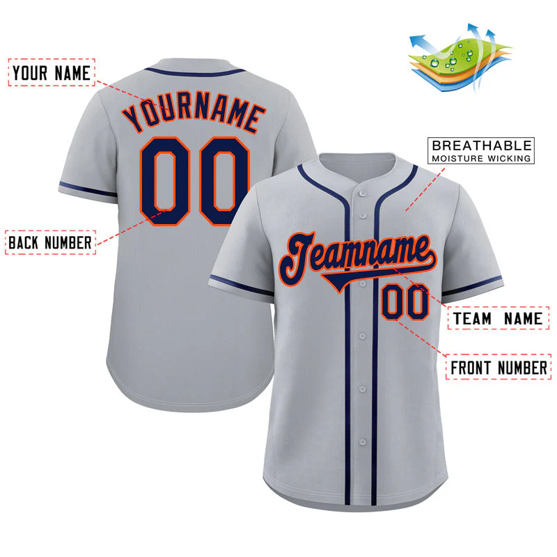 Custom Gray Navy-Orange Classic Style Authentic Baseball Jersey - Image 2