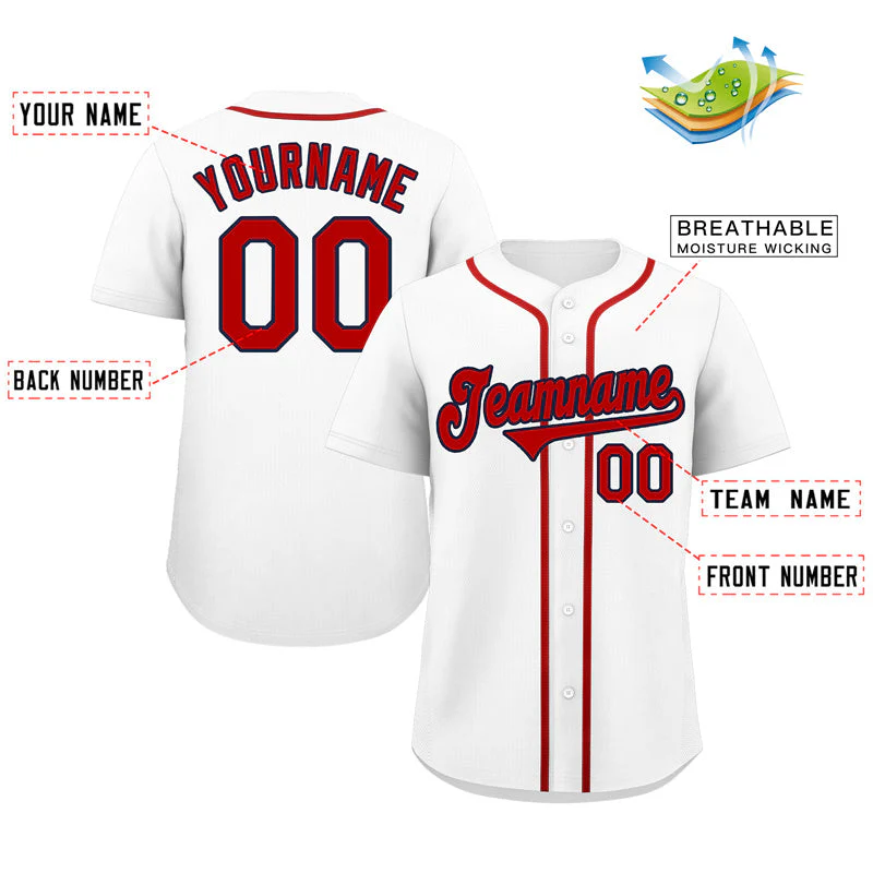 Custom White Red-Navy Classic Style Authentic Baseball Jersey - Image 2