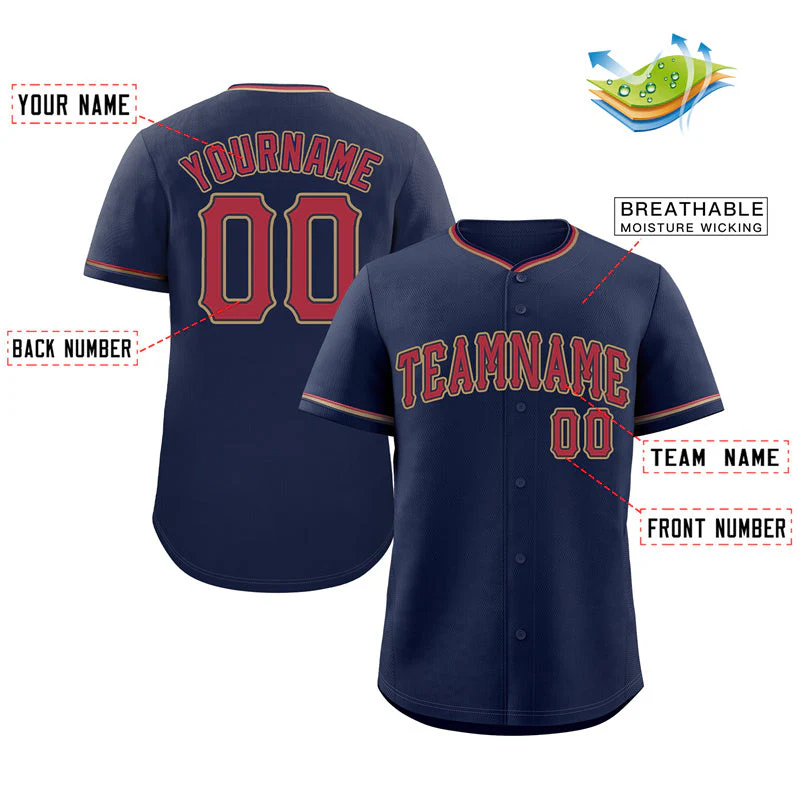 Custom Navy Red-Old Gold Classic Style Authentic Baseball Jersey - Image 2