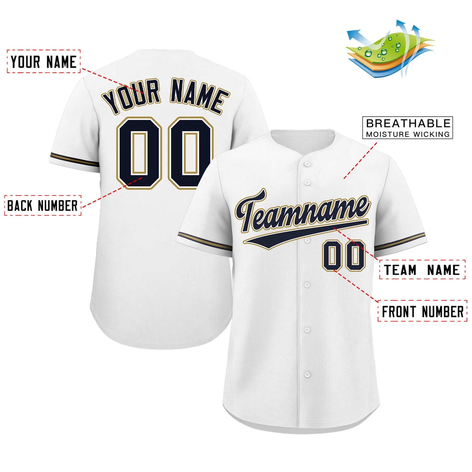 Custom White Navy-Old Gold Classic Style Authentic Baseball Jersey - Image 2