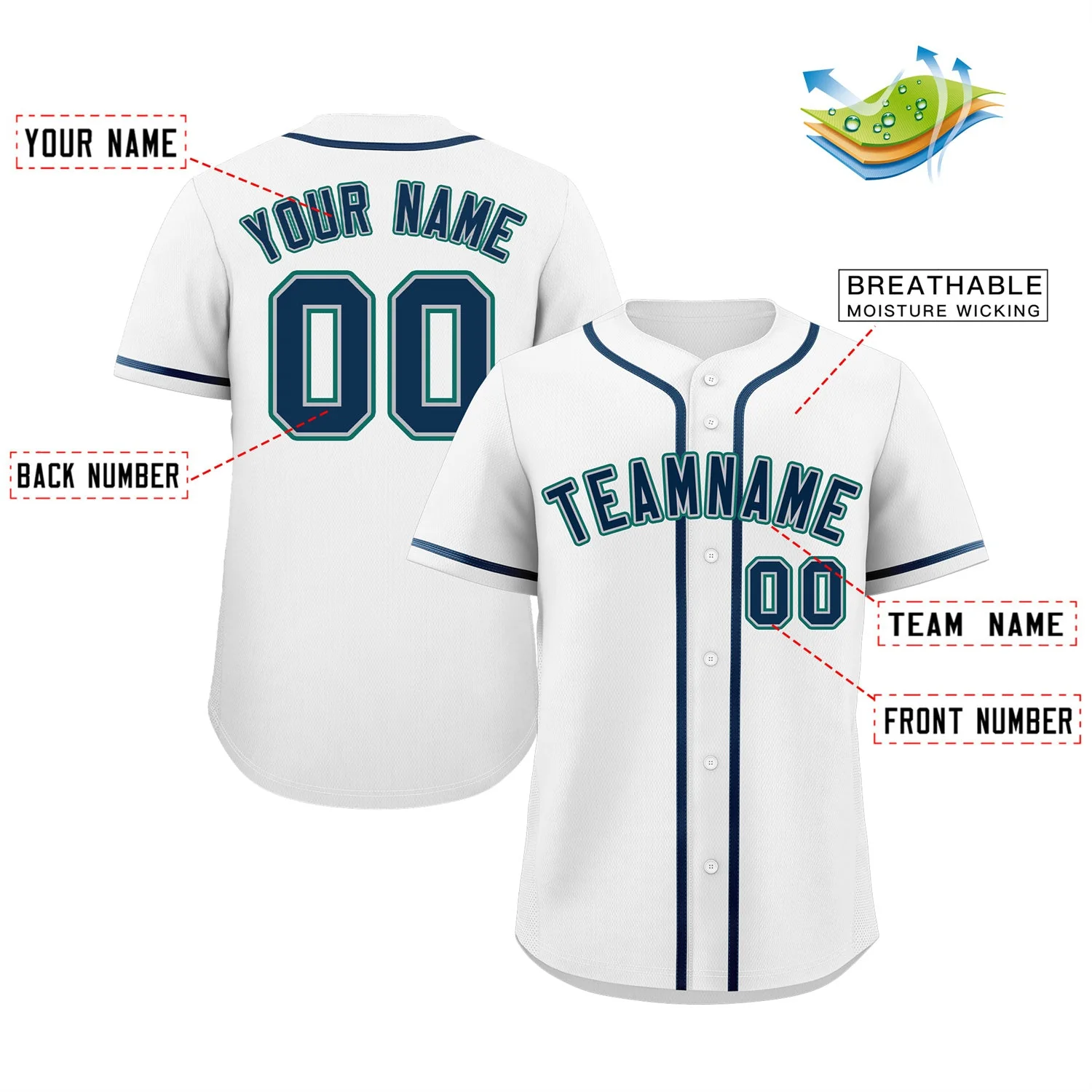 Custom White Navy-Aqua Classic Style Authentic Baseball Jersey - Image 2