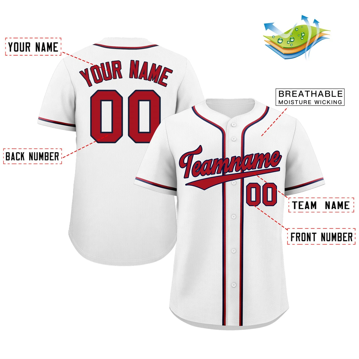 Custom White Red-Navy Classic Style Authentic Baseball Jersey - Image 2