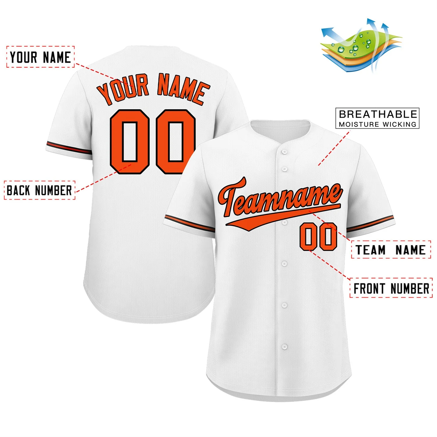 Custom White Orange-Black Classic Style Authentic Baseball Jersey - Image 2