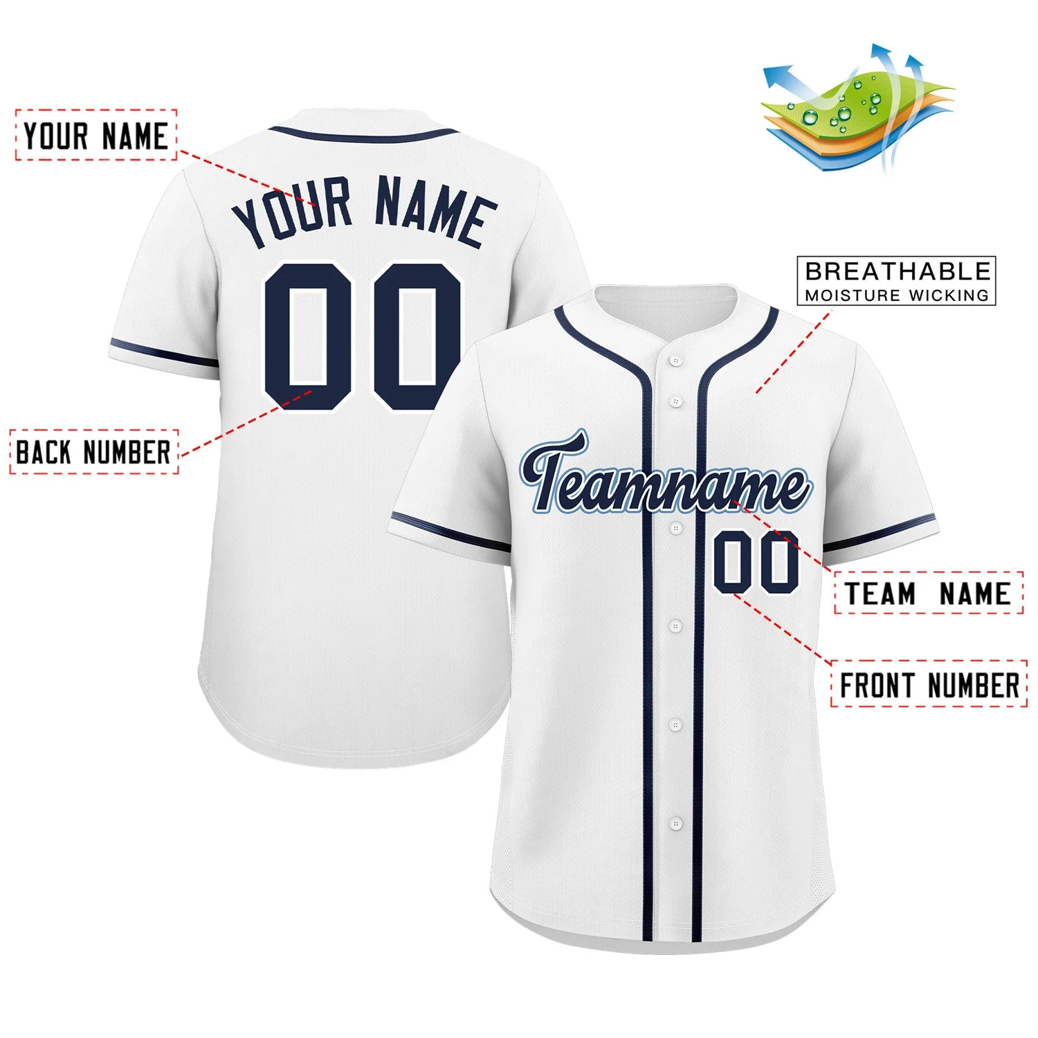 Custom White Navy-Aqua Classic Style Authentic Baseball Jersey - Image 2