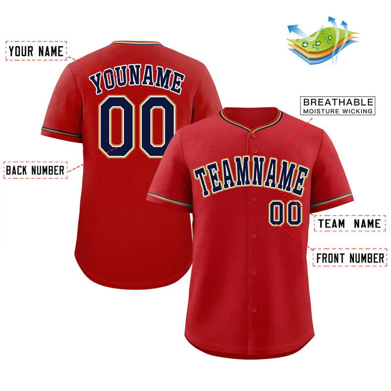 Custom Red Navy-Old Gold Classic Style Authentic Baseball Jersey - Image 2