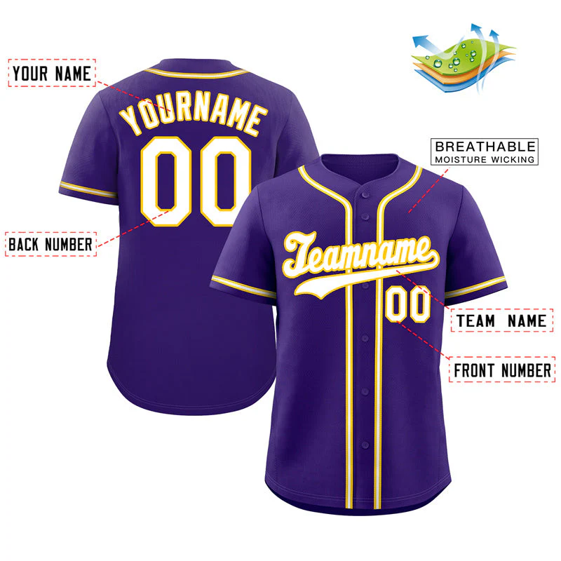 Custom Purple White-Yellow Classic Style Authentic Baseball Jersey - Image 2