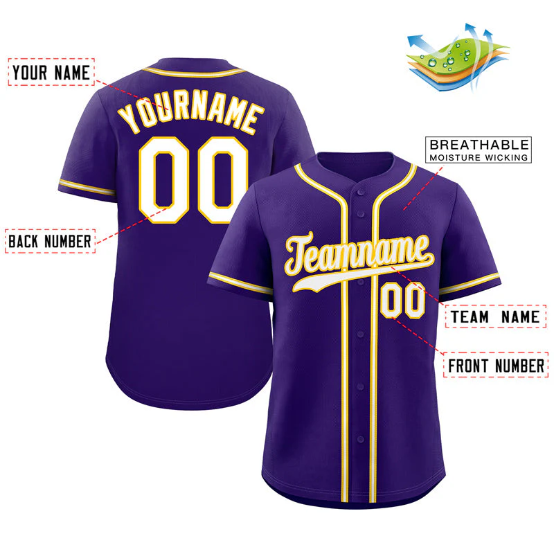 Custom Purple White-Yellow Classic Style Authentic Baseball Jersey - Image 2