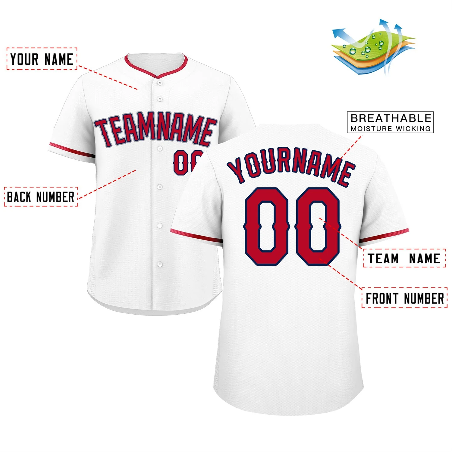 Custom White Red-Gray Classic Style Authentic Baseball Jersey - Image 2