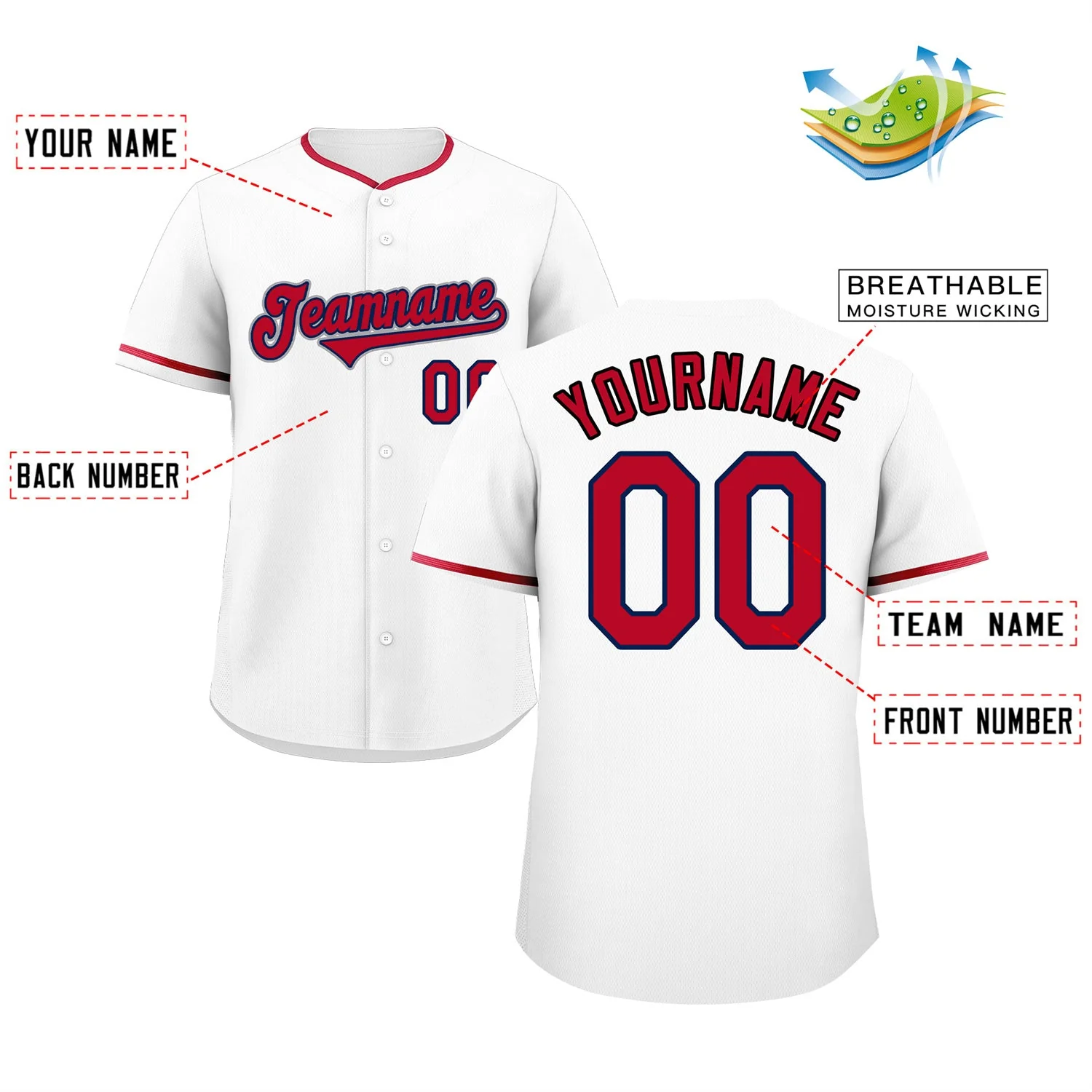 Custom White Red-Gray Classic Style Authentic Baseball Jersey - Image 2