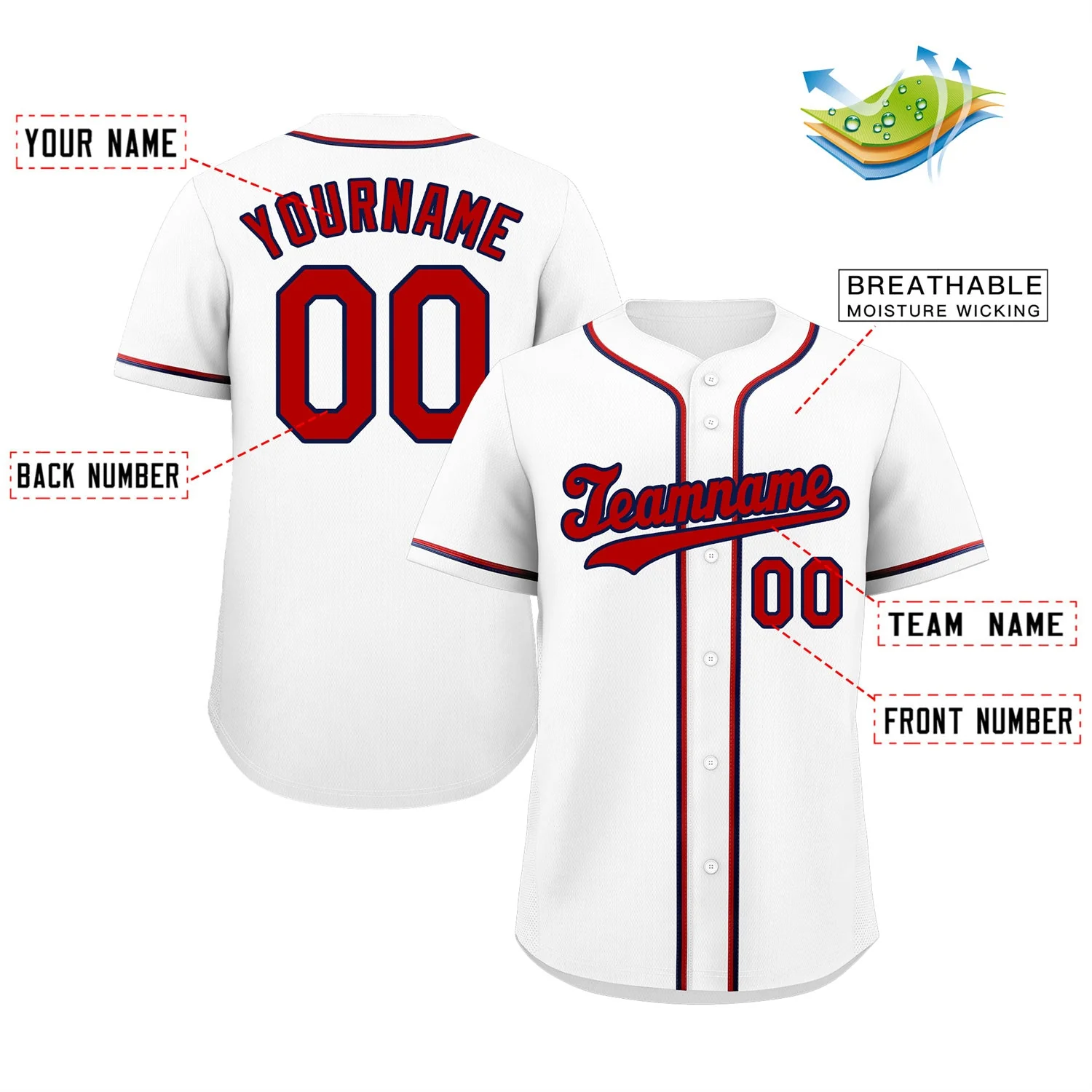 Custom White Red-Navy Classic Style Authentic Baseball Jersey - Image 2