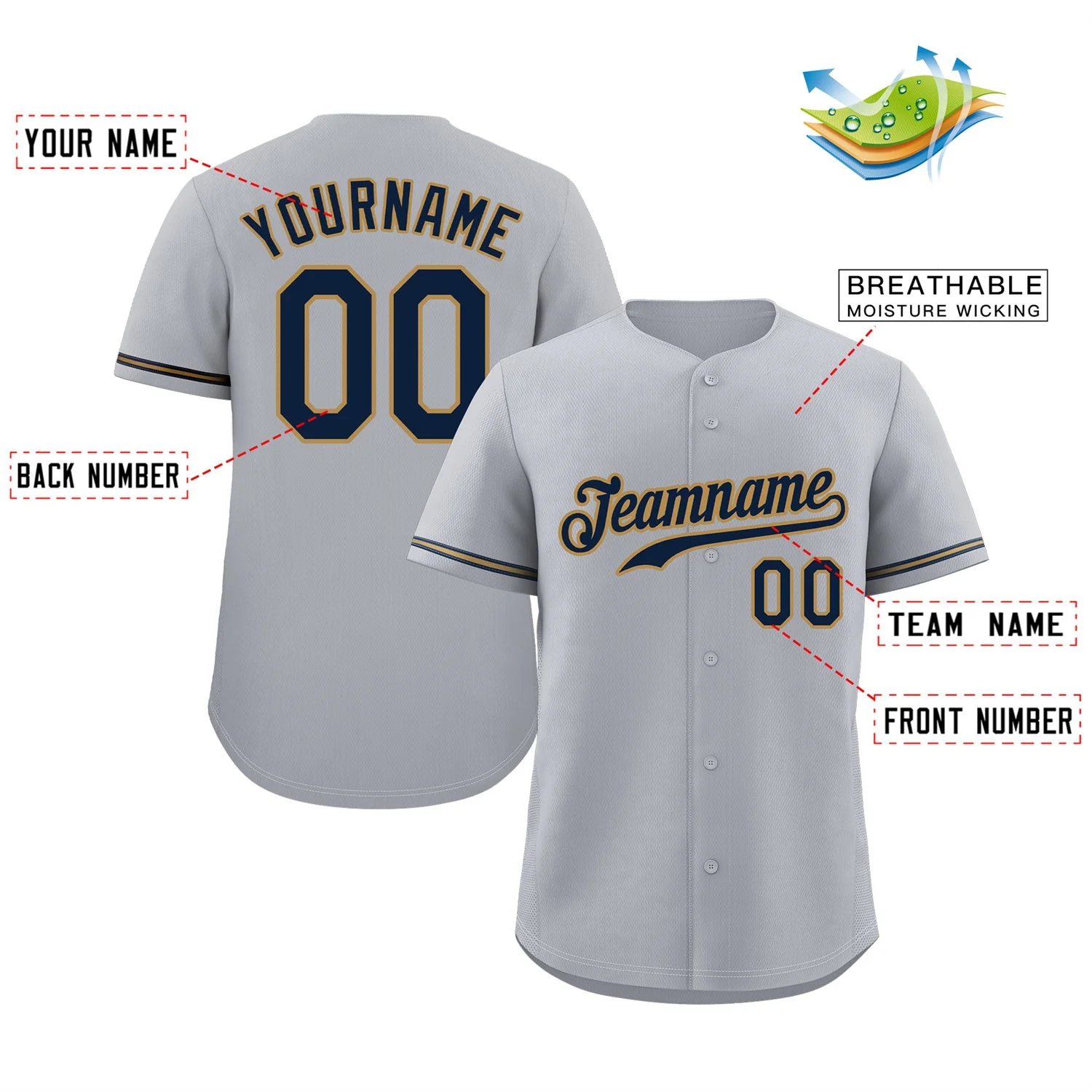 Custom Gray Navy-Old Gold Classic Style Authentic Baseball Jersey - Image 2