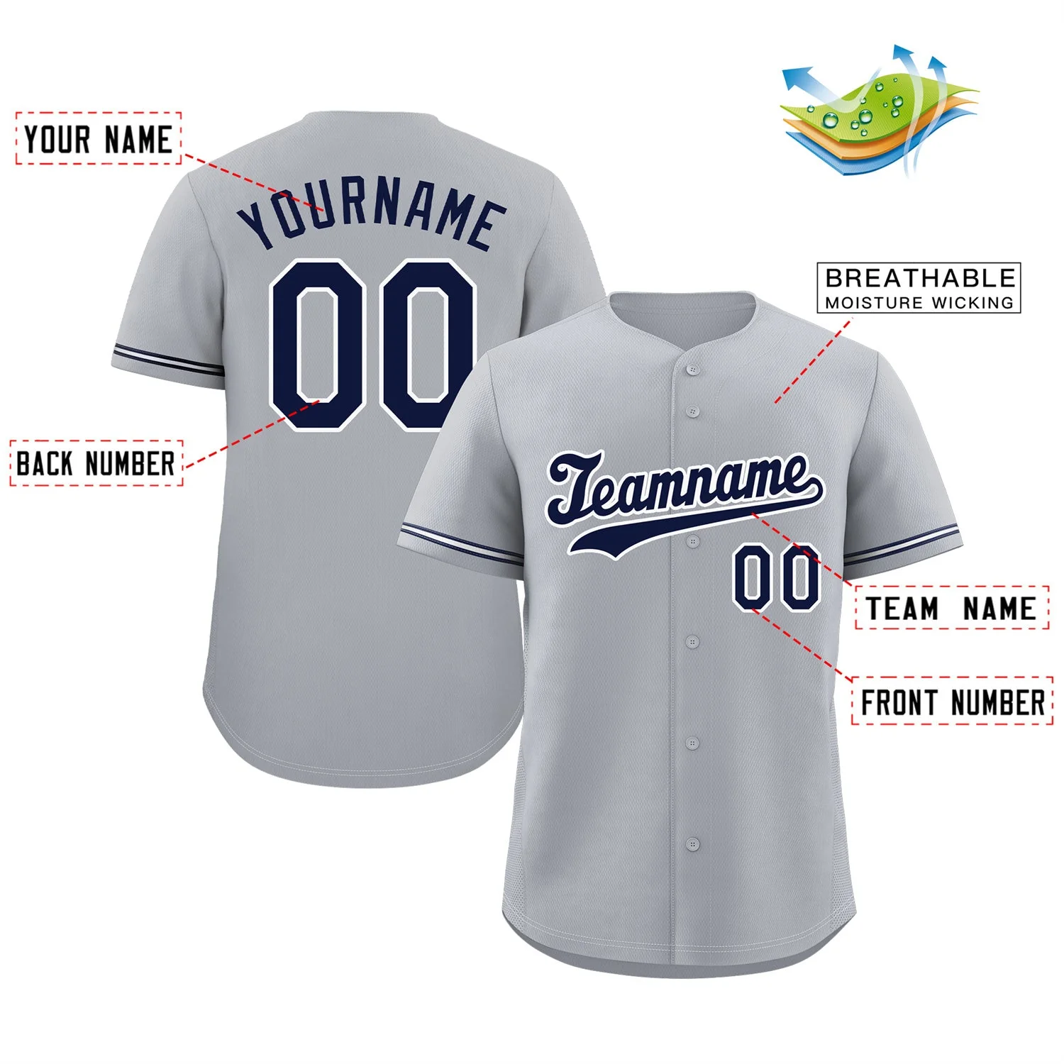 Custom Gray Navy-White Classic Style Authentic Baseball Jersey - Image 2