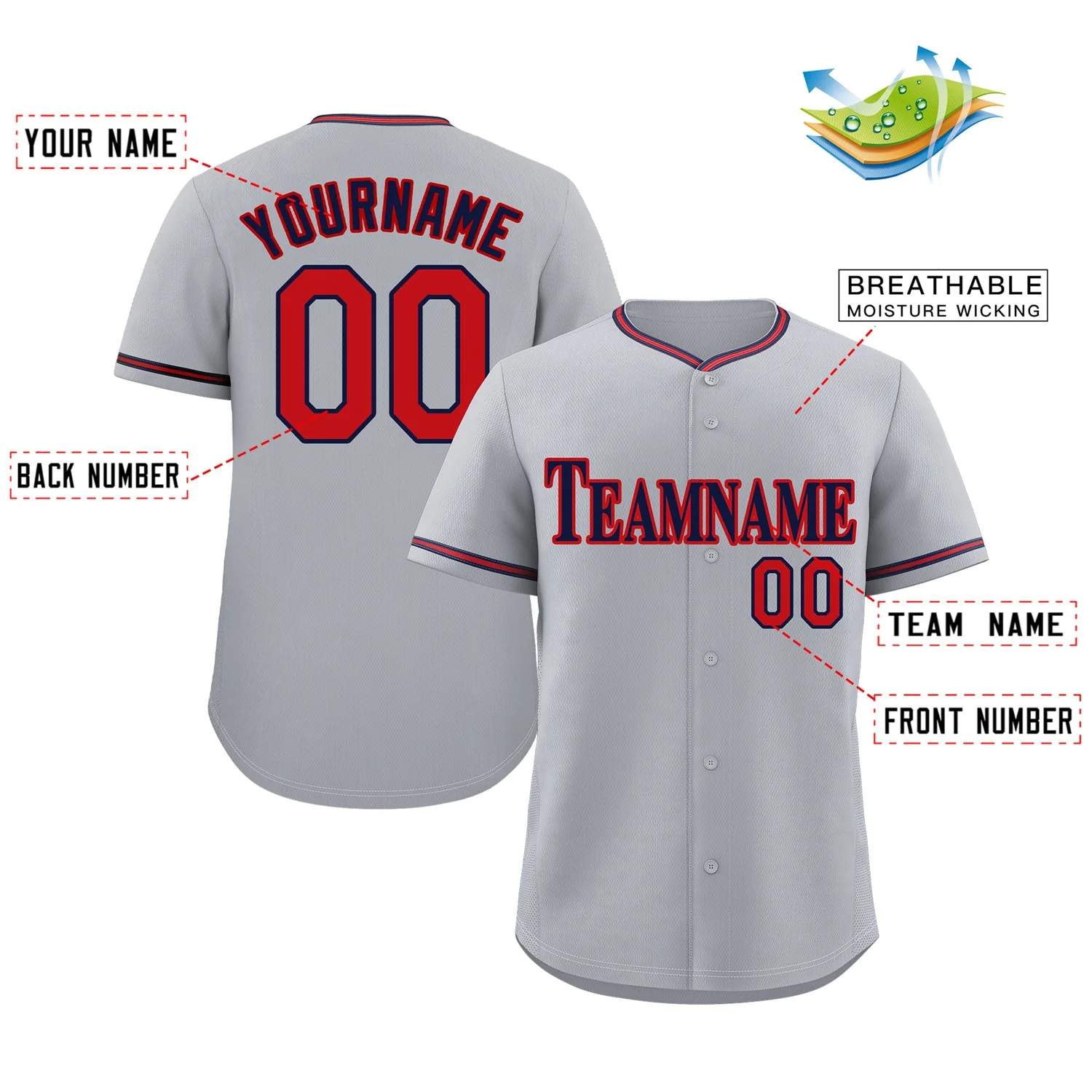 Custom Gray Navy-Red Classic Style Authentic Baseball Jersey - Image 2