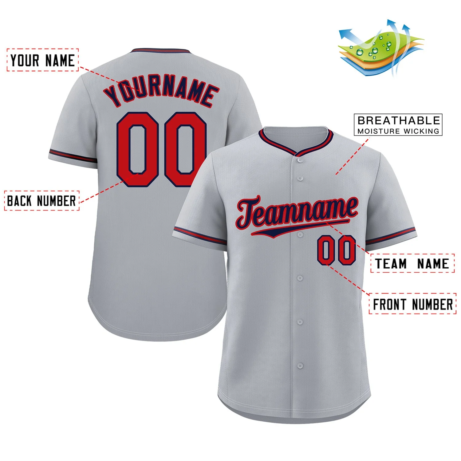 Custom Gray Navy-Red Classic Style Authentic Baseball Jersey - Image 2