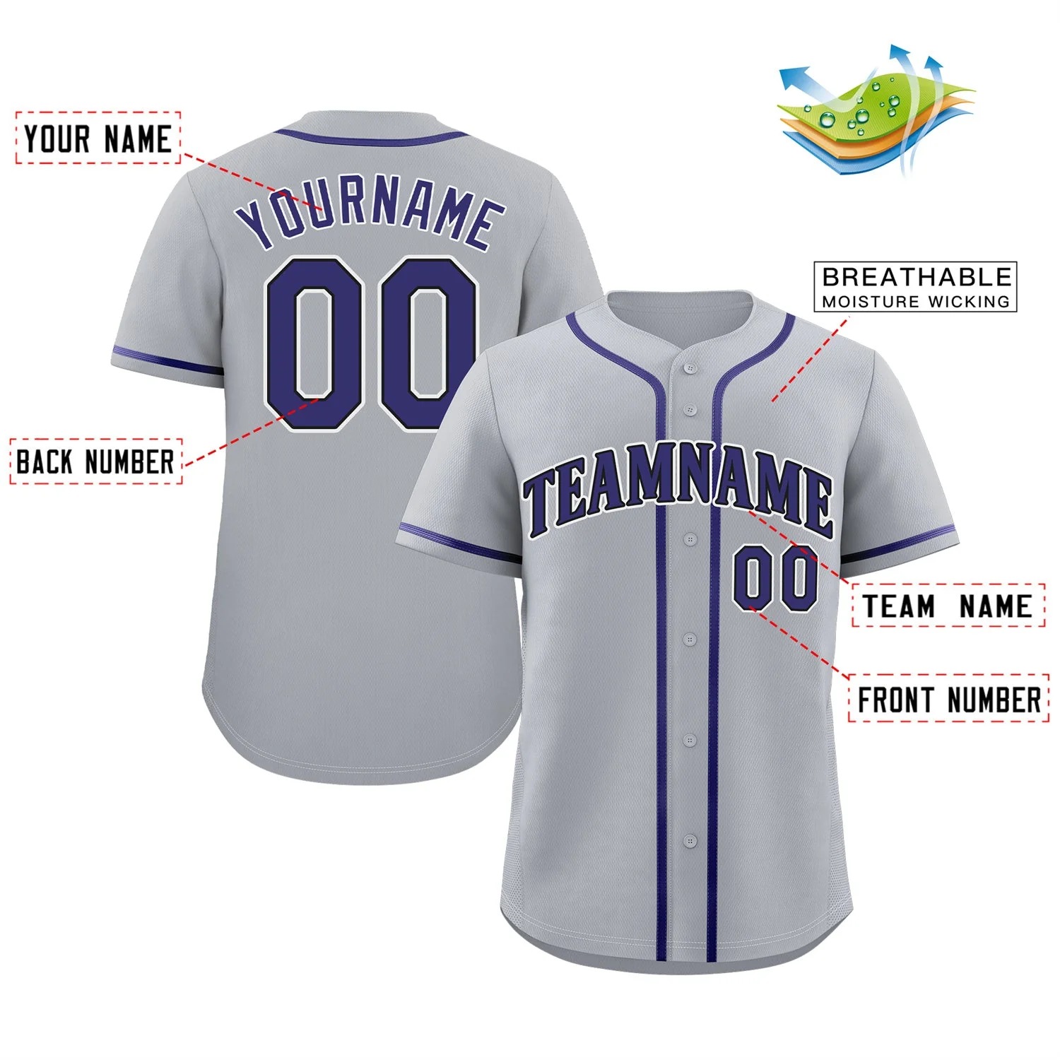 Custom Gray Purple-White Classic Style Authentic Baseball Jersey - Image 2