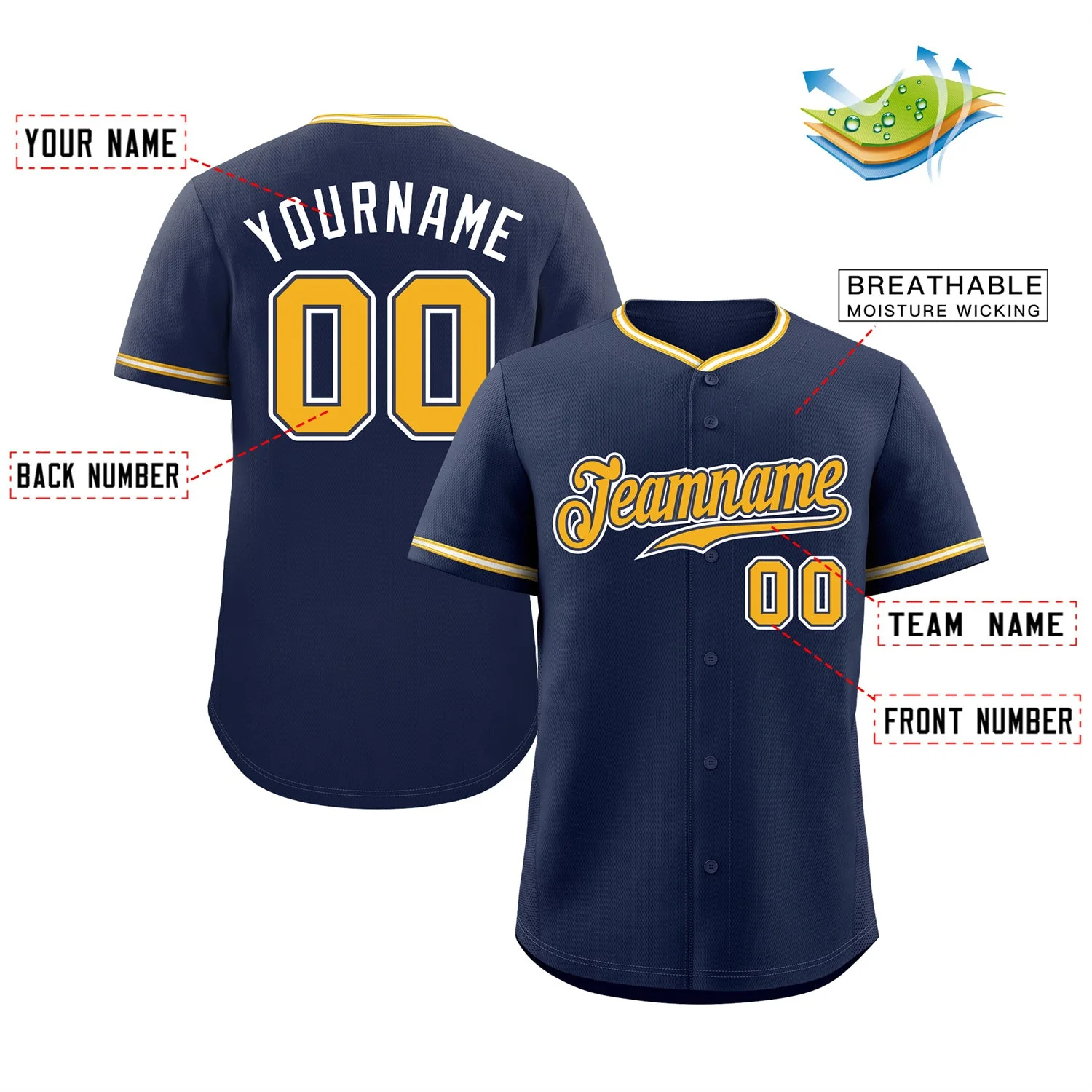 Custom Navy Gold-White Classic Style Authentic Baseball Jersey - Image 2