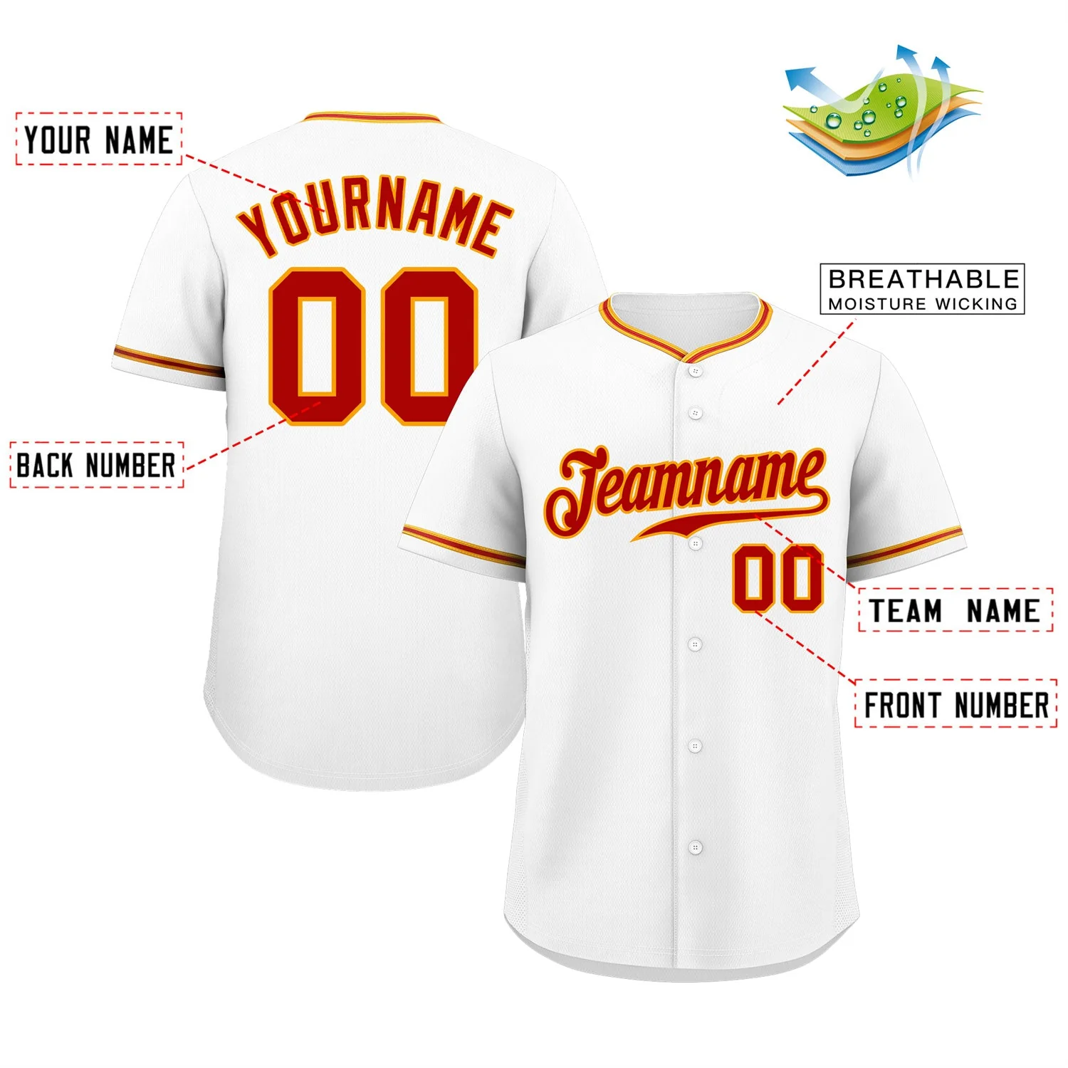 Custom White Red-Yellow Classic Style Authentic Baseball Jersey - Image 2