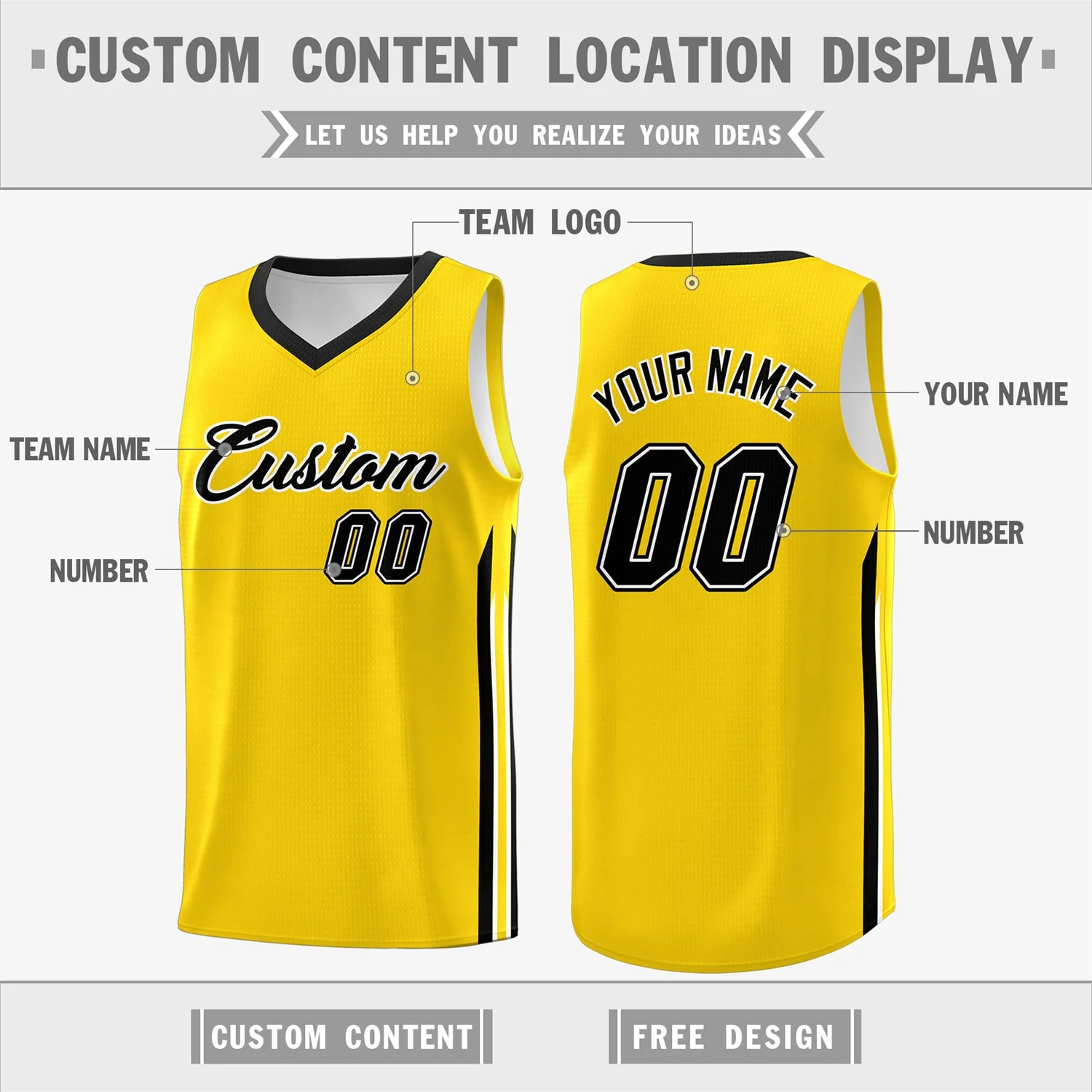 Custom Yellow Black Classic Tops Athletic Casual Basketball Jersey - Image 2