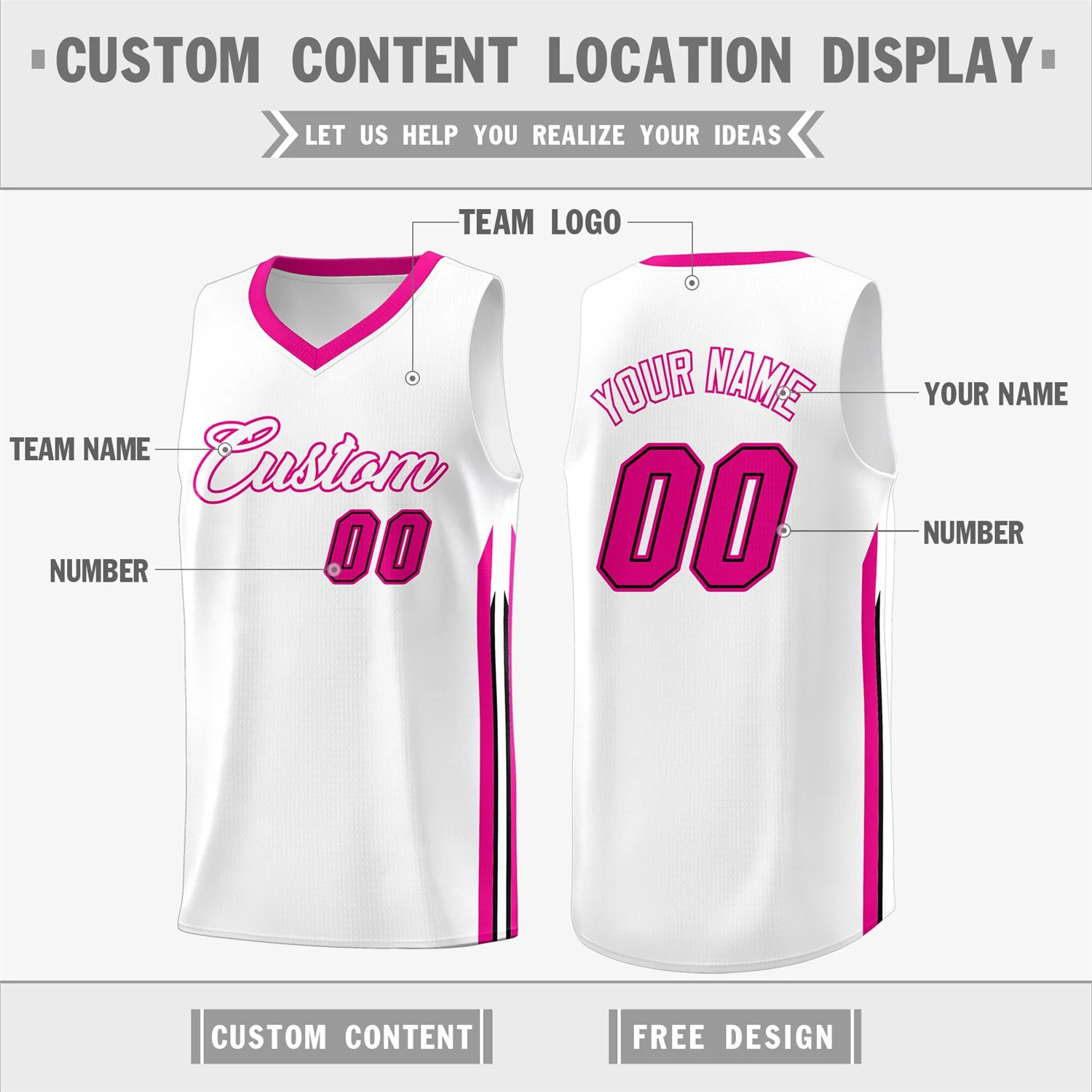 Custom White Pink Classic Tops Athletic Casual Basketball Jersey - Image 2