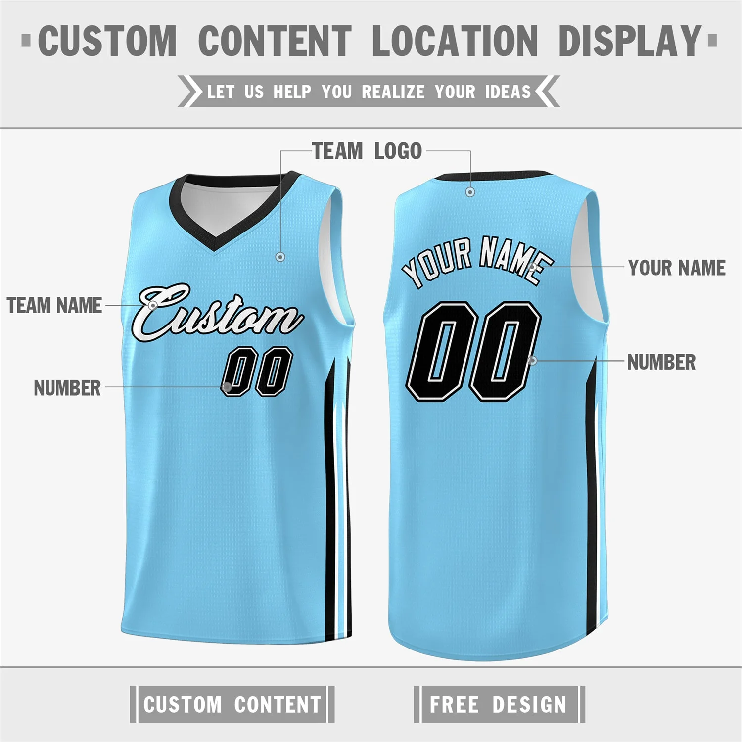Custom Light Blue White-Black Classic Tops Fashion Basketball Jersey - Image 2