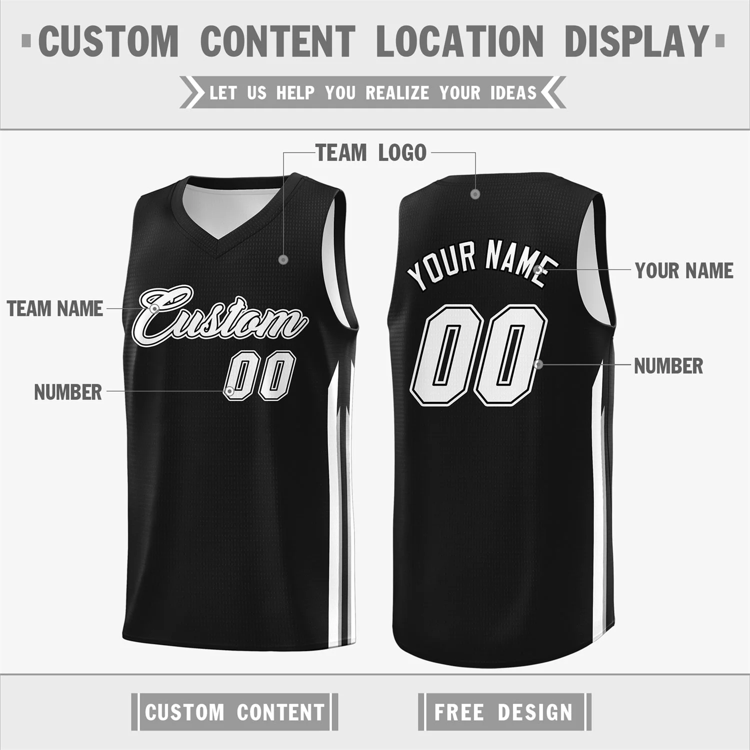 Custom Black White Classic Tops Sport Game Basketball Jersey - Image 2