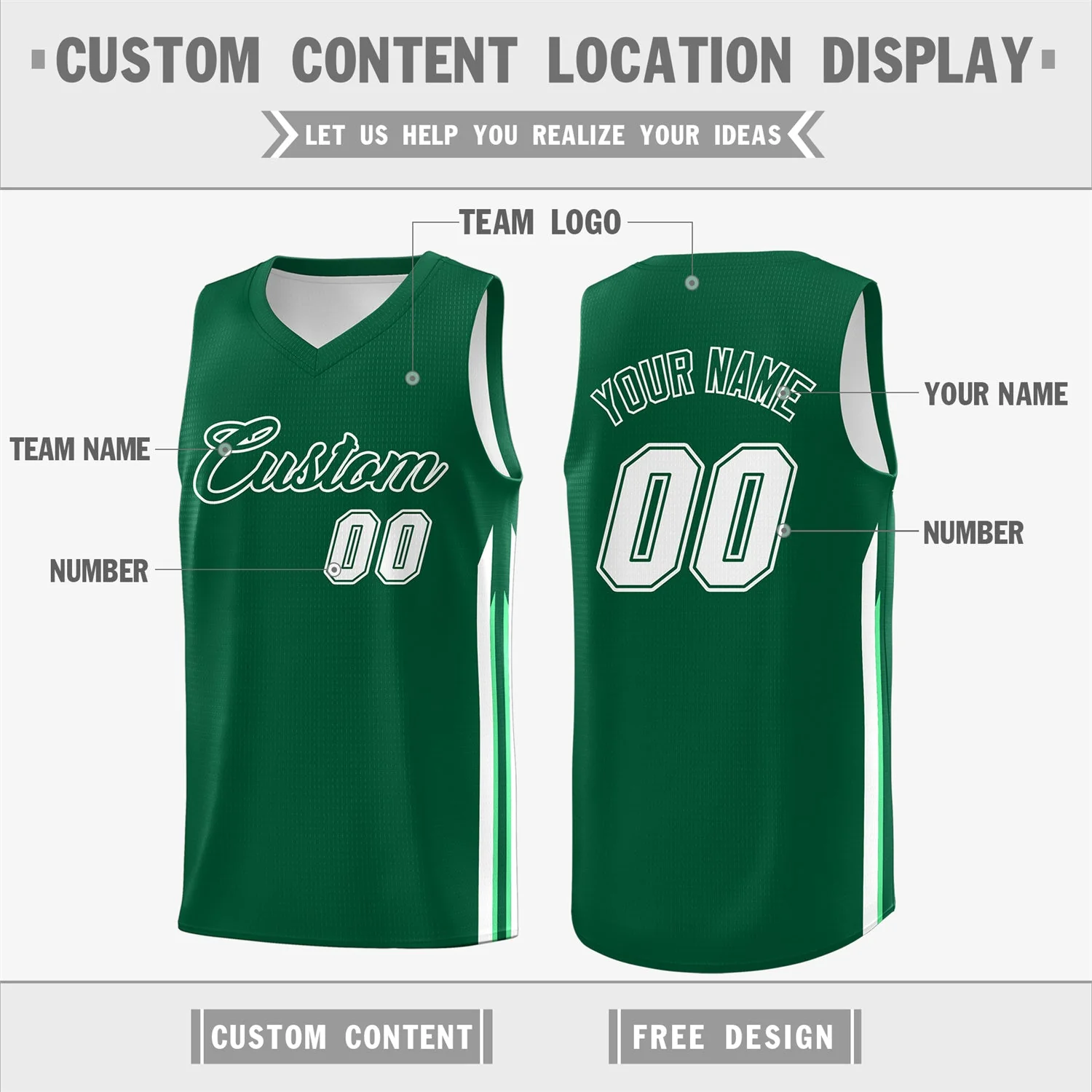 Custom Green White Classic Tops Sport Game Basketball Jersey - Image 2