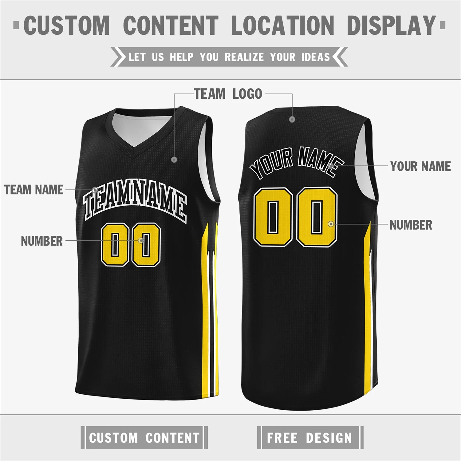 Custom Black Yellow Classic Tops Athletic Casual Basketball Jersey - Image 2