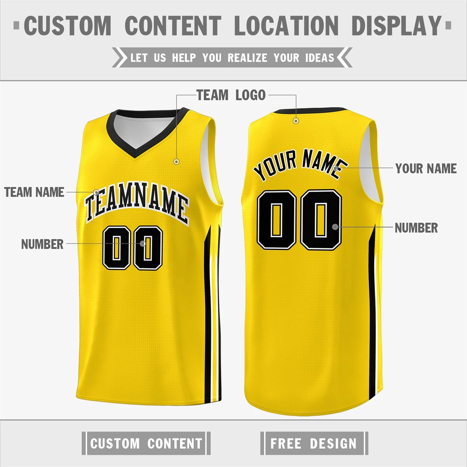 Custom Yellow Black-White Classic Tops Fashion Sportwear Basketball Jersey - Image 2