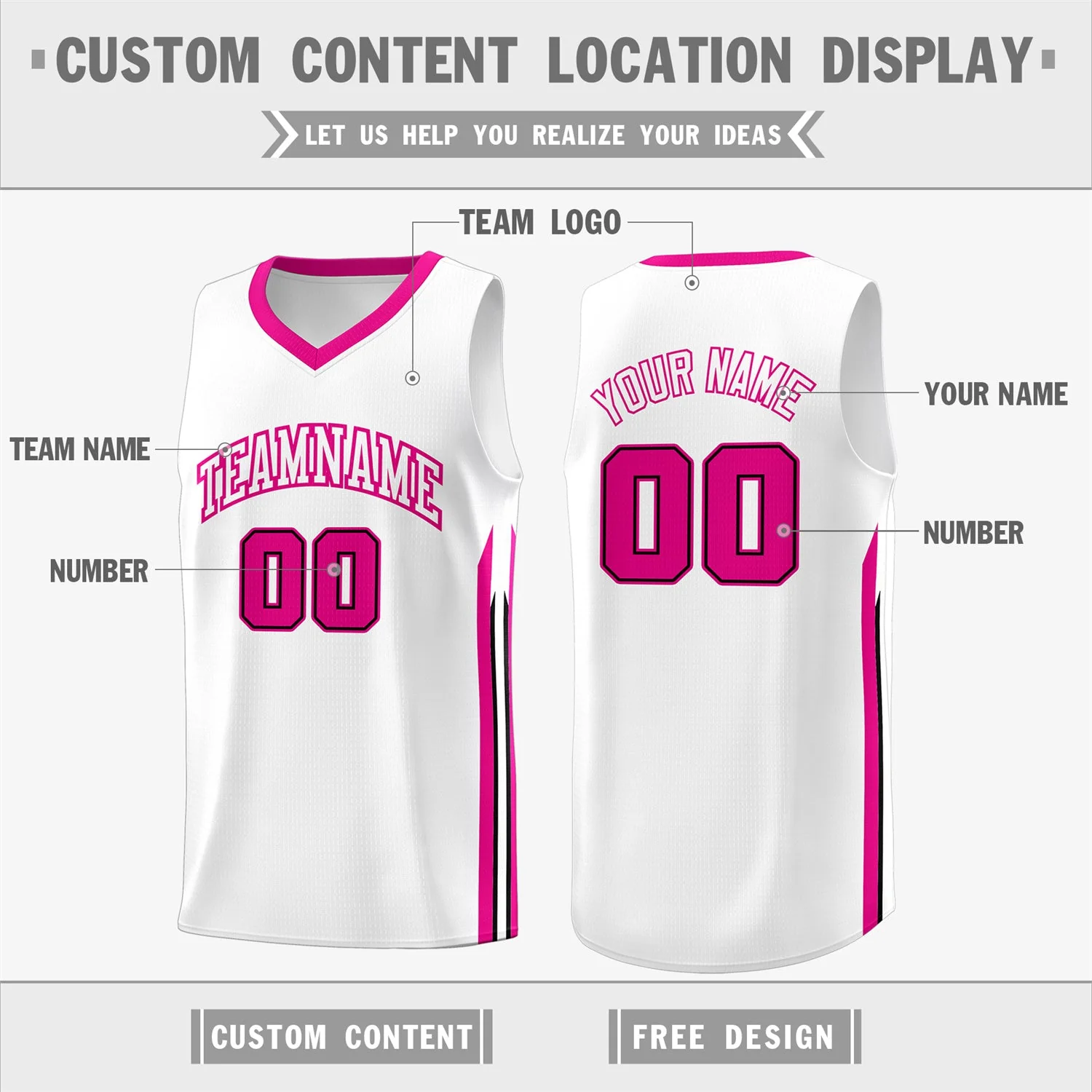 Custom White Pink Classic Tops Mesh Basketball Jersey - Image 2