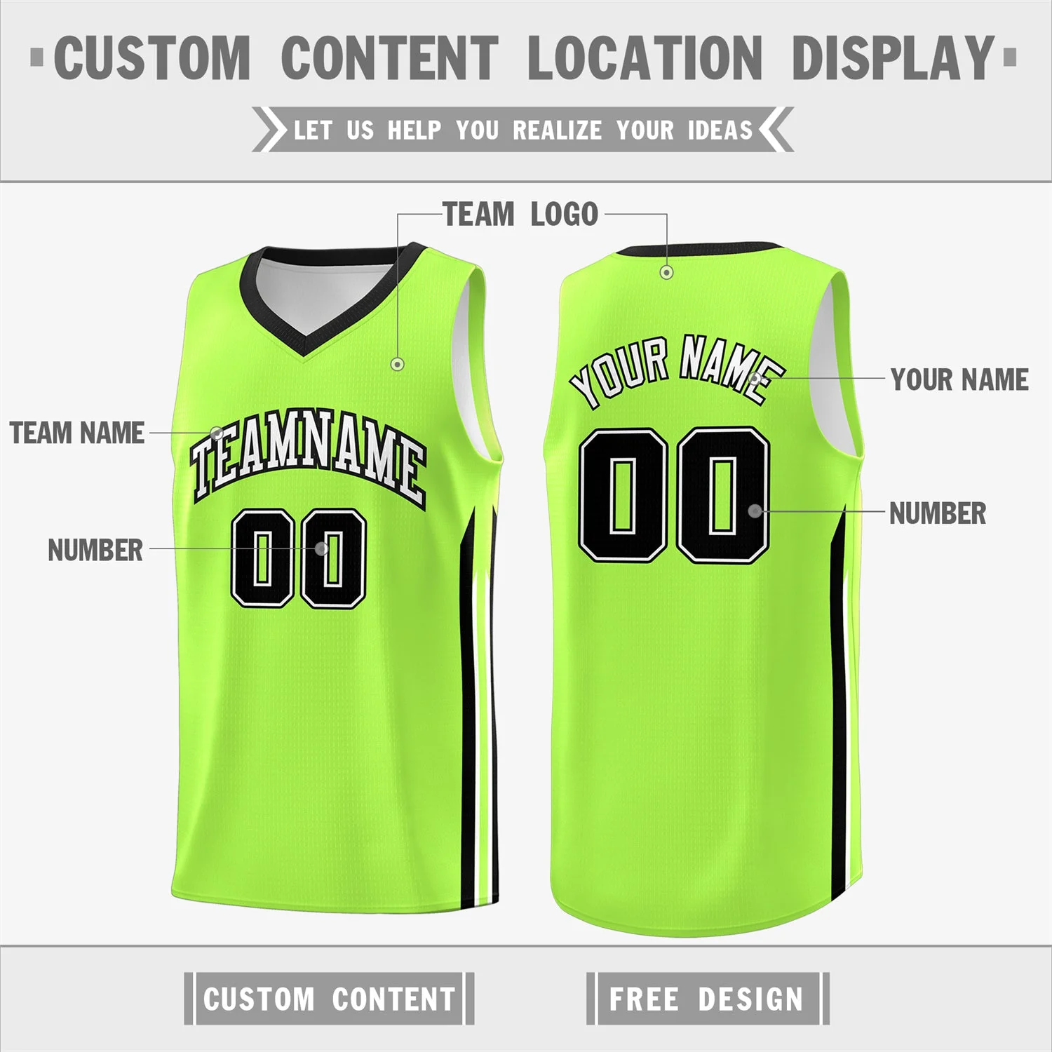 Custom Neon Green Black Classic Tops Athletic Casual Basketball Jersey - Image 2