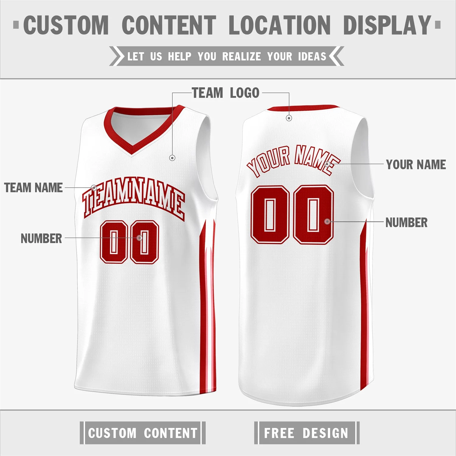 Custom White Red Classic Tops Fashion Sportwear Basketball Jersey - Image 2